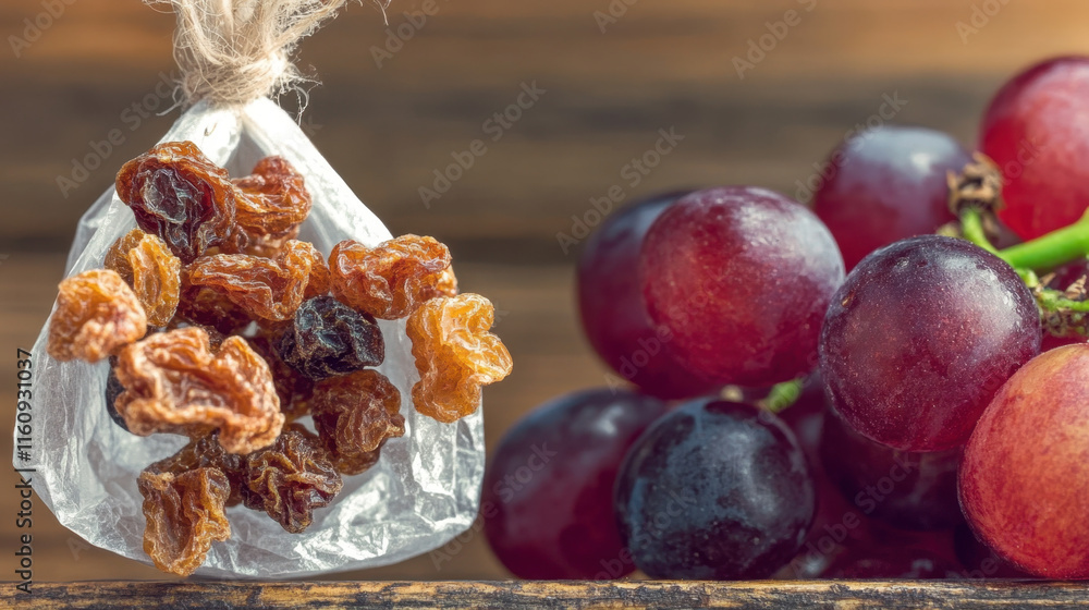 Poster grape, a vibrant image of a cluster of sun-dried raisins arranged attractively for display, ideal fo