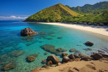 Obraz premium there is a sandy beach with a mountain in the background