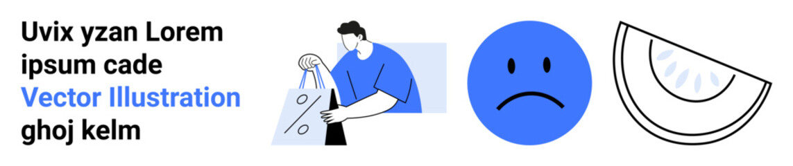 Fototapeta premium Man ironing shirt, sad face emotion, and watermelon slice. Ideal for household chores, emotions, food, minimalistic design, daily routine abstract art vector graphics. Landing page