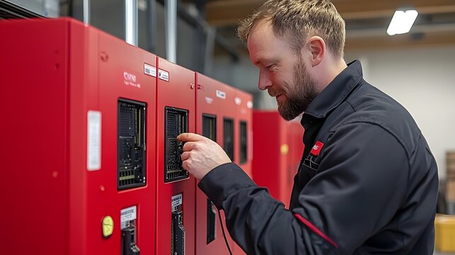 Technician Inspecting Redundant Power Supply Units in a Modern Server Facility for Maintenance and Efficiency Optimization