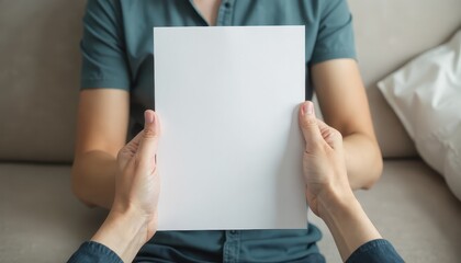 Naklejka premium A4 Paper Mockup in Hands. Man holding blank sheet of paper, focusing on document presentation, indoor setting, soft lighting