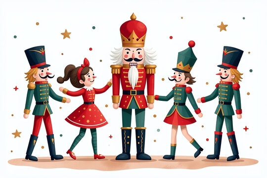 colorful soldiers dance around festive nutcracker watercolor style holiday