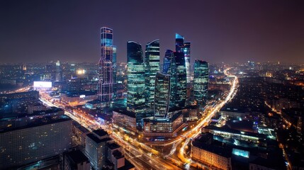 Obraz premium Stunning Night View of Skyscrapers and City Lights in a Modern Urban Landscape