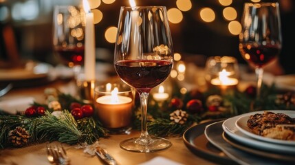 Festive Christmas dinner table setting with red wine, candles, and evergreen decorations.