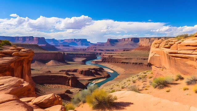 Panoramic view of a meandering river flowing through a canyon landscape under a blue sky with clouds. - Powered by Adobe