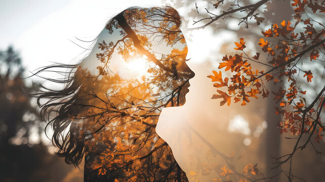 A stunning double exposure image with a half-length silhouette of a woman with flowing hair blending seamlessly with trees with golden, orange, and red autumn foliage. Her silhouette is flawlessly ove