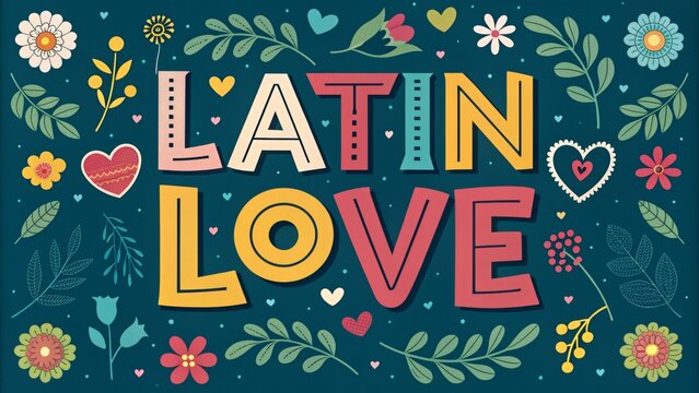 Latin love: vibrant floral typography with heart motifs and colorful patterns