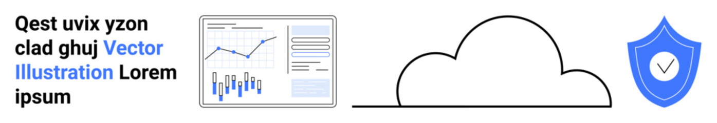 Graphs, charts on a monitor, cloud symbol, blue shield. Ideal for data analytics, cloud computing, cybersecurity, technology, digital transformation, network protection, IT services. Landing page