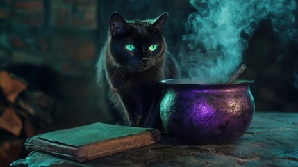 mysterious black cat with glowing green eyes perched on ancient spellbook next to smoking purple cauldron in dimly lit medieval witch's chamber at midnight