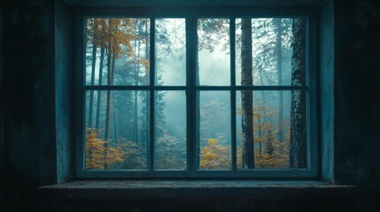 Rustic Window Framing Birch Forest Scene