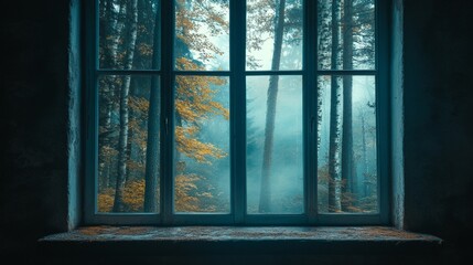 Rustic Window Framing Birch Forest Scene