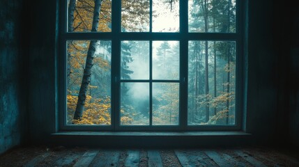 Rustic Window Framing Birch Forest Scene