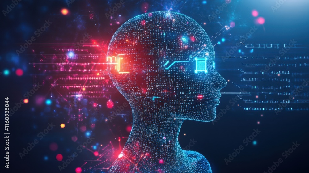 Poster digital human profile with data streams and neon colors in background