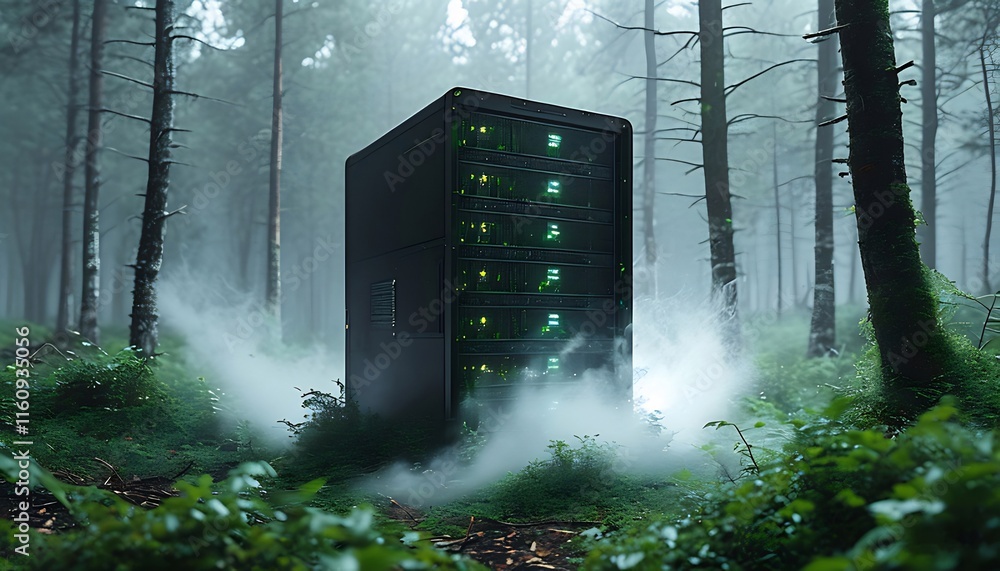 Poster a server in a misty forest, representing data centers and environmental concerns.