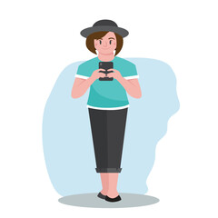 vector a woman is standing holding a cellphone