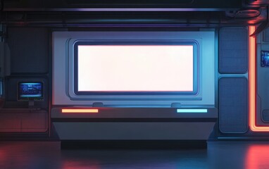 Blank poster with a simple frame, displayed in front of a futuristic news anchor desk with holographic news reports floating in mid-air and digital graphics on the wall 
