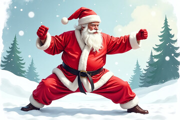 colorful watercolor illustration martial arts santa claus brings holiday cheer fans worldwide
