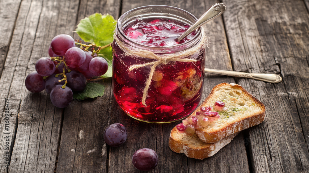 Poster grape, a photorealistic image of grape jam in a jar, showcasing rich texture and color, perfect for 