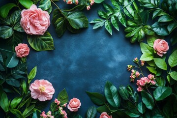 Beautiful arrangement of pink flowers and green leaves on a dark blue background, perfect for floral displays