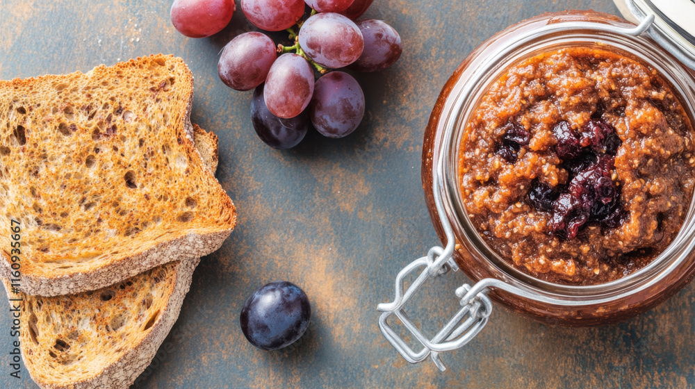 Poster grape, a photorealistic image of grape jam in a jar, showcasing its texture and color, ideal for cul