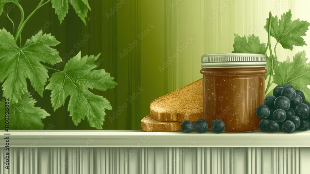 Poster grape, a photorealistic image of grape jam in a jar, showcasing the texture and color of the jam, id