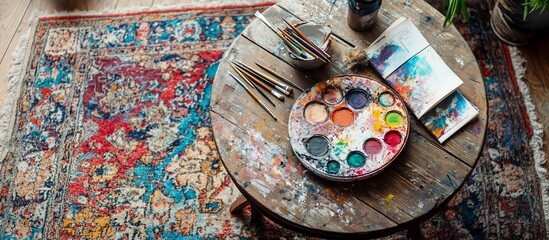 Artist's Workspace: A Colorful Palette on Rustic Table