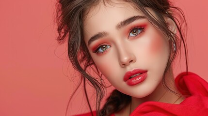 Fototapeta premium Close-up of a beauty model's face, showcasing makeup artistry and radiant skincare.
