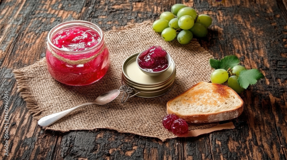 Poster grape, a photorealistic image of grape jam in a jar, showcasing its rich color and texture, perfect 