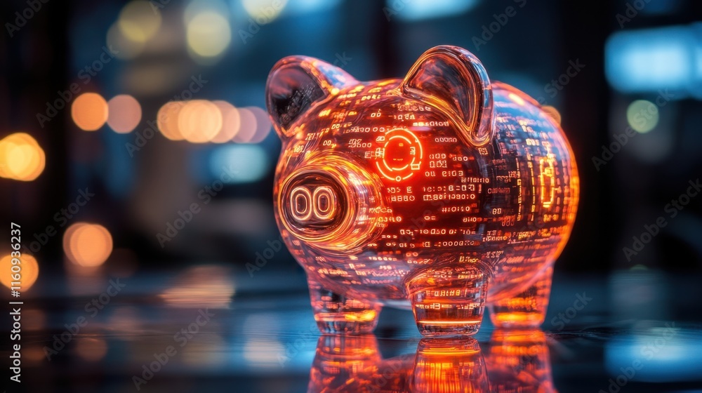 Poster glowing transparent piggy bank with digital data and binary codes