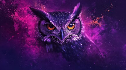 Obraz premium mystical night owl portrait with vibrant watercolor splashes and dynamic paint splatters on deep purple abstract background art