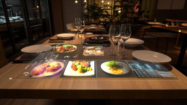 Modern restaurant table with interactive digital menu displaying food images and descriptions.