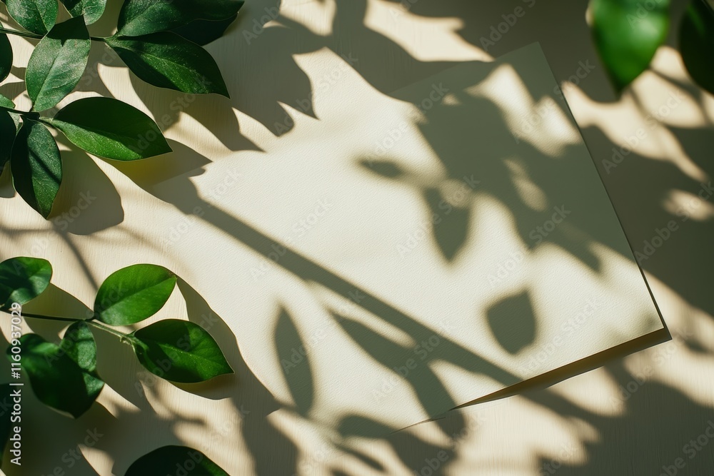 Poster shadows of lush green leaves create a serene backdrop on a blank sheet of paper during daylight hour