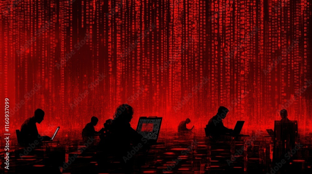 Poster Digital Matrix Concept with Silhouettes and Binary Code Background