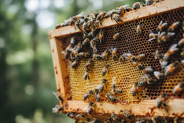Honey and Bee, enticing visuals, bees collecting and consuming deliciously dripping organic honey, detailed honeycomb, swarm of busy bees
