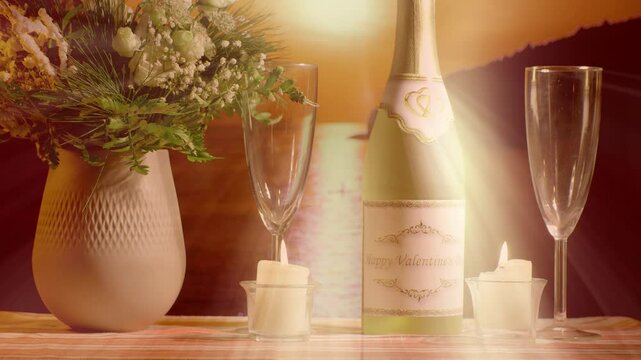 Valentine's Day greetings. Flowers and champagne against the backdrop of a sunset at sea.