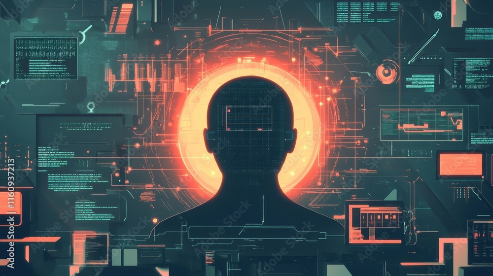 Poster digital head silhouette with futuristic tech interfaces and graphics