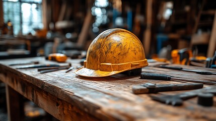 Hard Hat on Workbench in Workshop