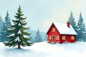 cozy red house fir tree watercolor winter landscape designed original christmas card