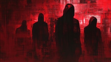 Mysterious Figures in Hoodies Against a Dark Red Abstract Background