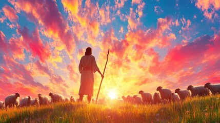 Obraz premium Sunrise Shepherd: Jesus with His Flock of Sheep and Bible in Rays of Light