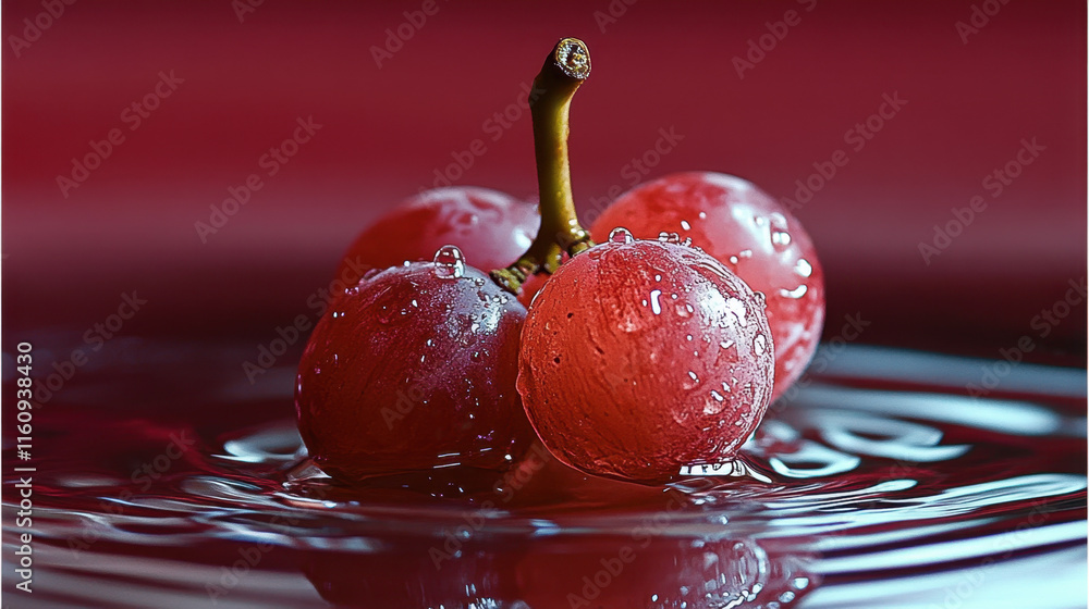 Poster Grape, A single, perfectly round grape rests on a reflective surface, capturing its smooth texture and vibrant color in a high-quality image.