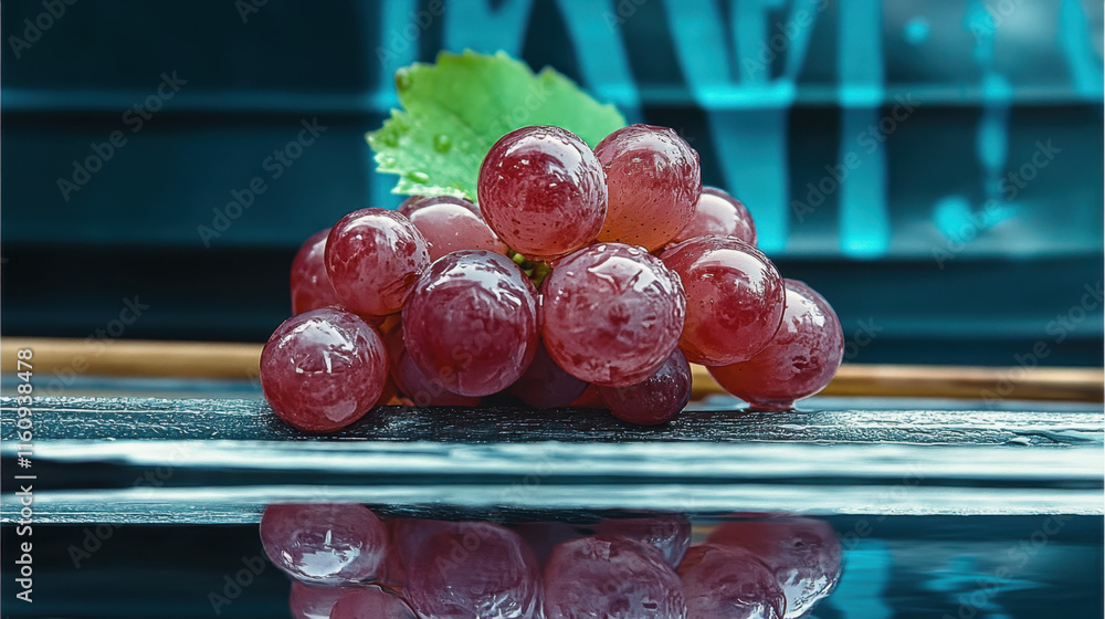 Poster grape, a perfectly round grape resting on a reflective surface, captured in high-quality detail, ide