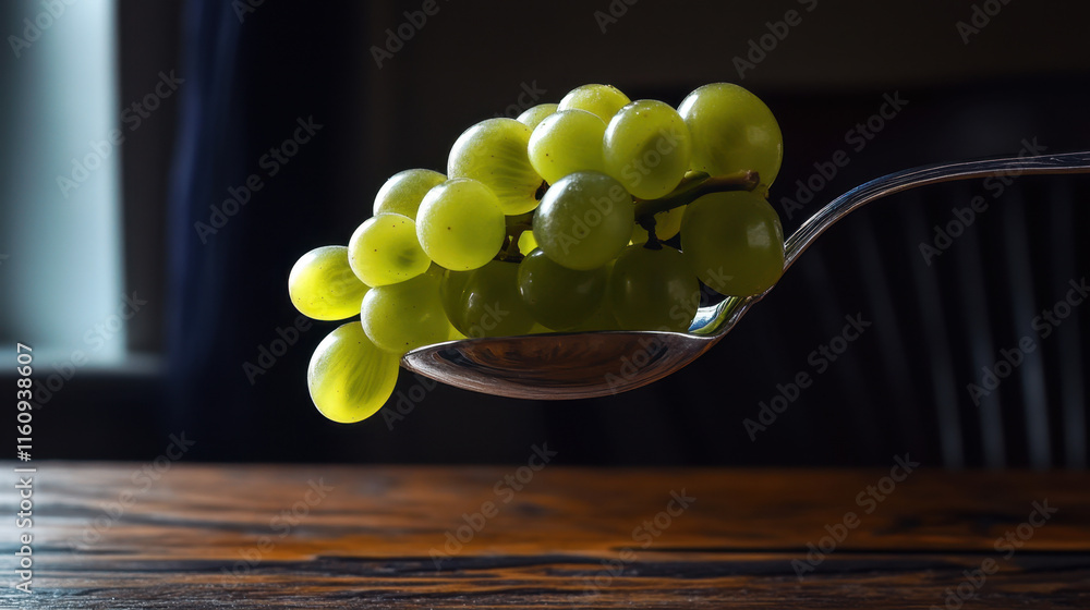 Poster grape, a single round green grape balanced on a surface, showcasing its vibrant color and shape, per