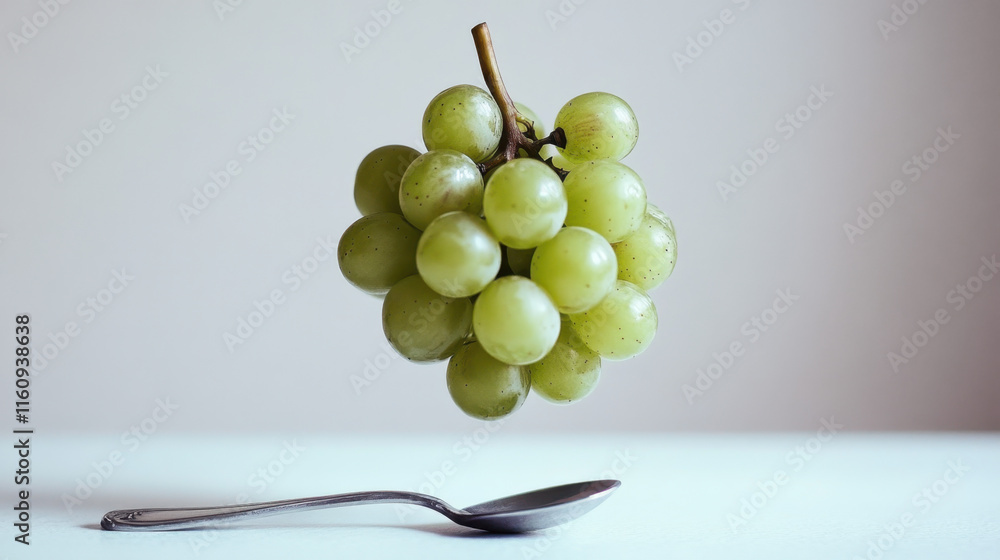 Poster grape, a single, perfectly round green grape balanced elegantly on a surface, highlighting its smoot