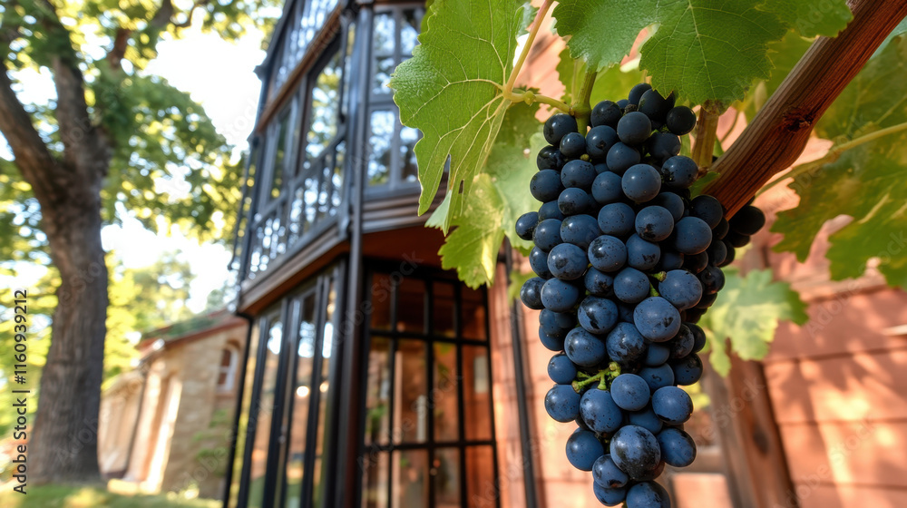 Poster grape, a close-up image of a single vine of grapes elegantly hanging against a blurred backdrop, per