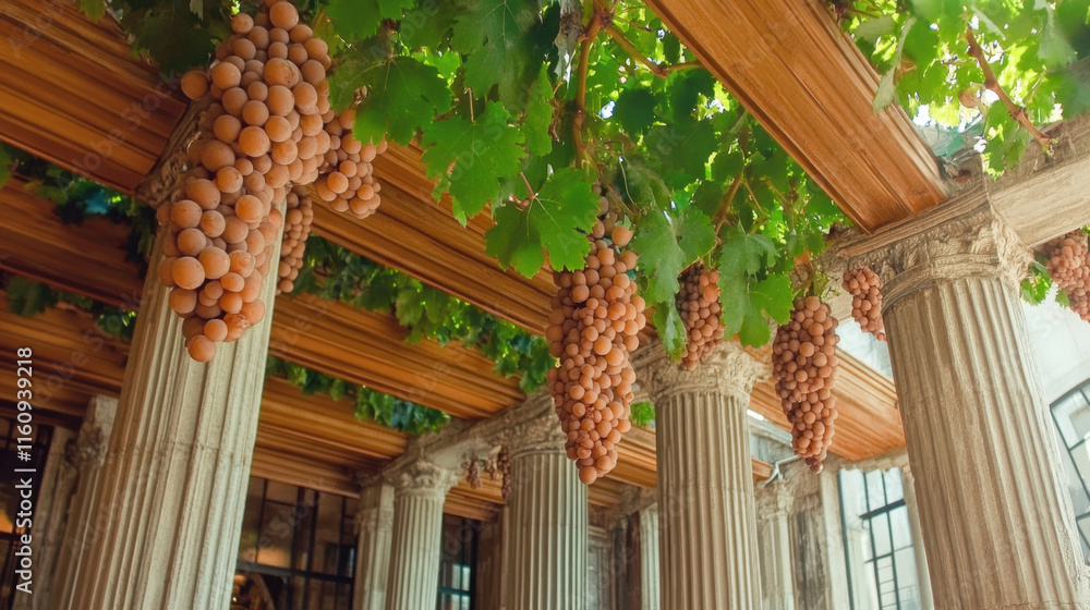Poster grape, a close-up image of a single vine of grapes hanging against a soft backdrop, ideal for vineya