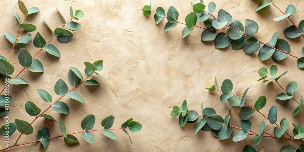 Poster a minimalist arrangement of eucalyptus branches with a beige background, creating a natural and eleg
