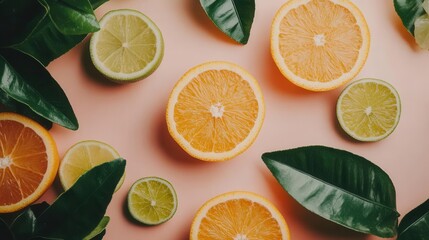 overhead composition of fresh citrus fruits variety with sliced oranges, lemons, and lime garnished with green leaves