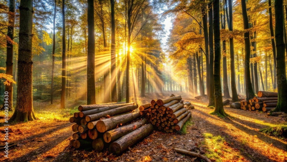 Poster golden rays of sunlight pierce through the dense forest canopy, illuminating a path lined with stack