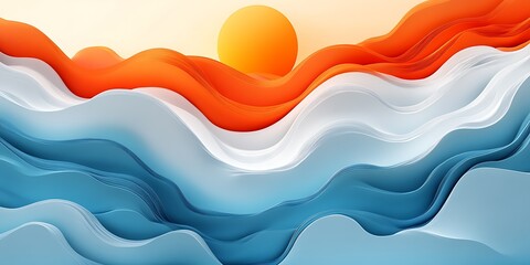 Fototapeta premium Abstract sunset landscape with flowing waves in orange, white, and blue tones.